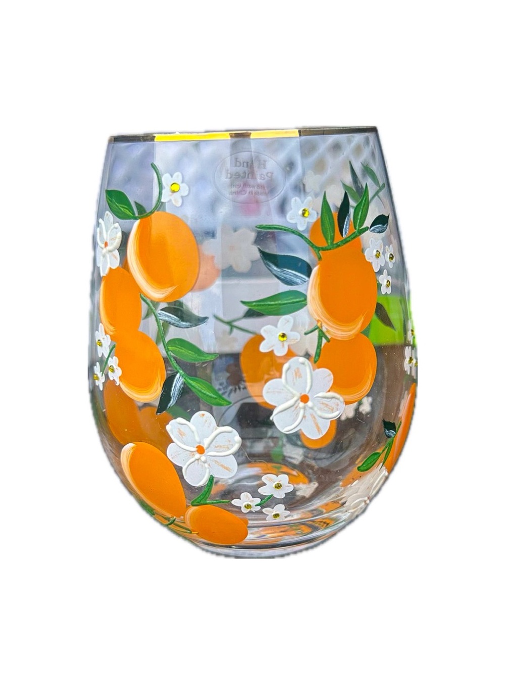 New! Hand-Painted Orange & White Floral Stemless Wine Glass